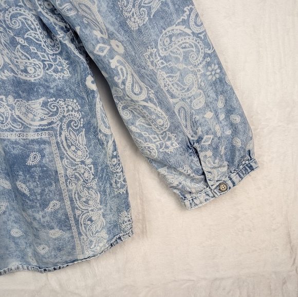 Vintage America Chambray Denim Peasant Blouse Top XXL Blue Handkerchief Print - Picture 6 of 15